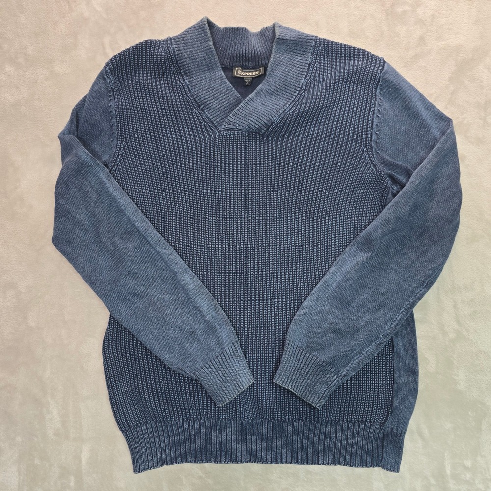 Express Mens Navy Blue Shawl Collar Ribbed Knit Pullover Sweater Medium